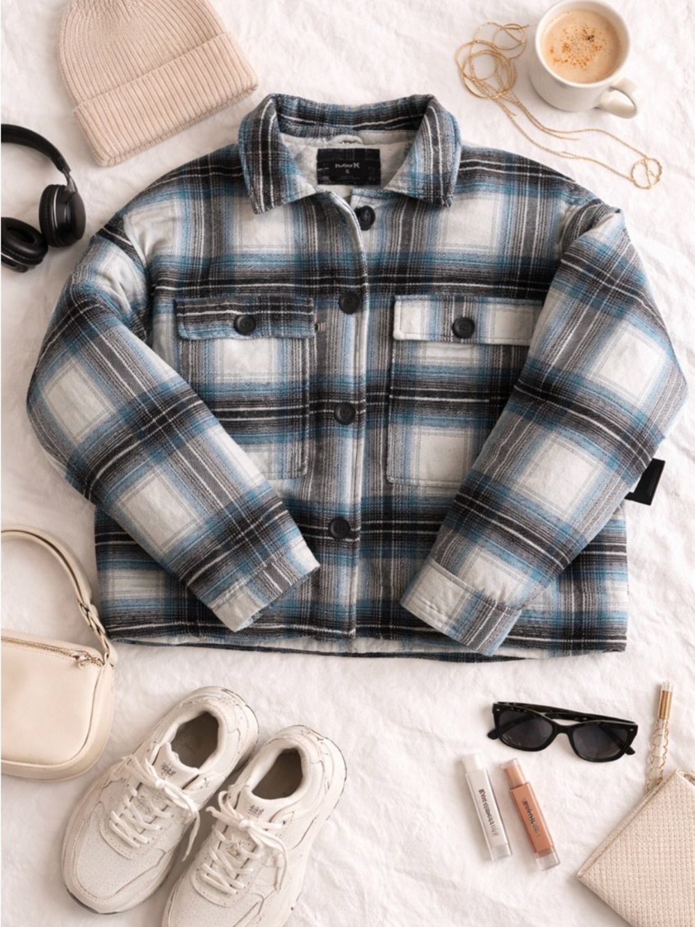 Hurley Plaid Puffer Jacket in Black, Blue, and White